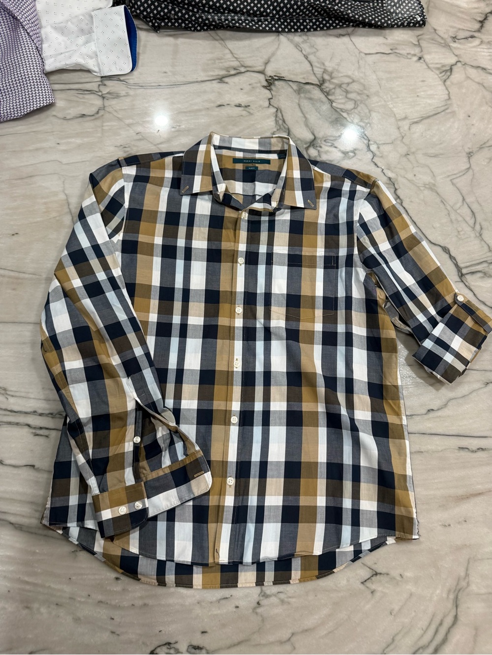 Perry Ellis Men's Long-Sleeve Plaid Button-Down Shirt - Beige, Navy, charcoal